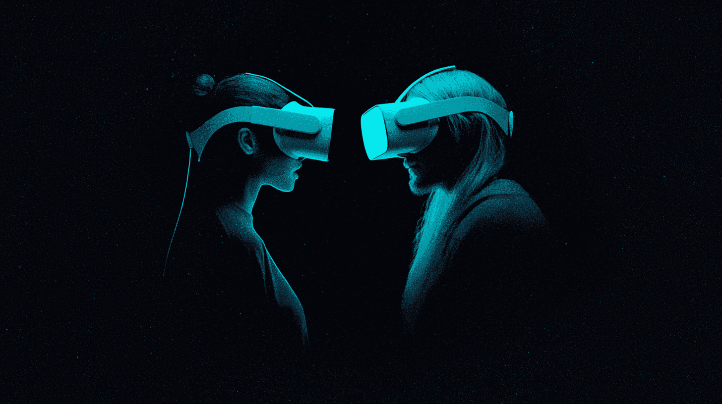Deux personnes casque de réalité virtuelle sur la tête, face à face en contre-jour