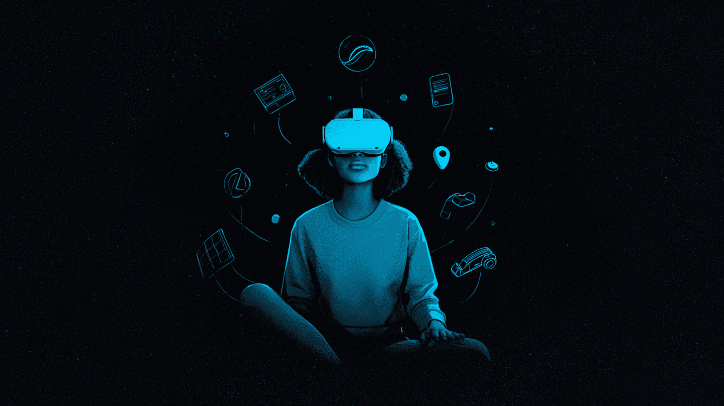 Personne assise en tailleur, casque de réalité virtuelle sur les yeux, entourée d’icônes flottantes d’applications et d’appareils