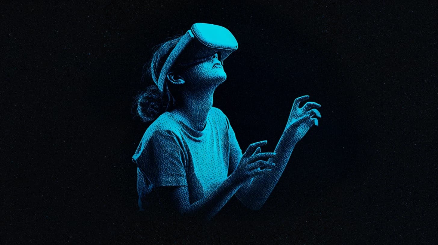 Personne portant un casque de réalité virtuelle, tête levée et mains tendues comme pour manipuler un objet invisible