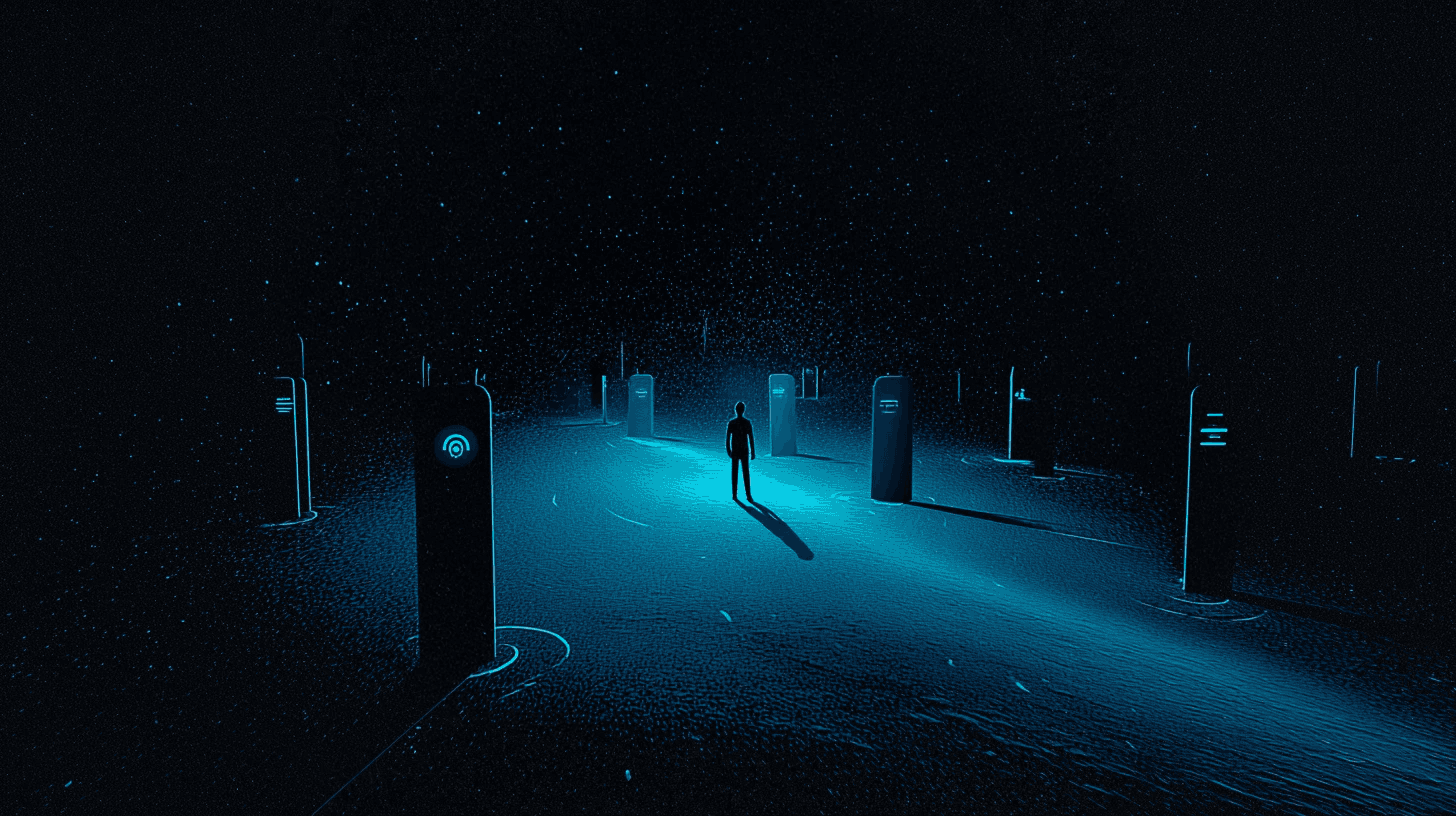 Silhouette d’une personne debout au milieu d’un espace sombre et étoilé, entourée de bornes lumineuses turquoise