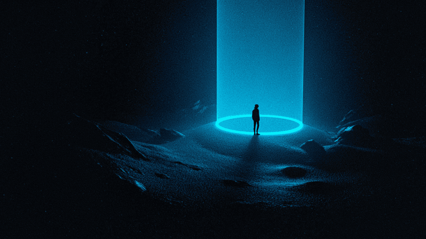 Silhouette debout dans un anneau lumineux turquoise, au pied d’un pilier de lumière, sur un sol rocheux sombre