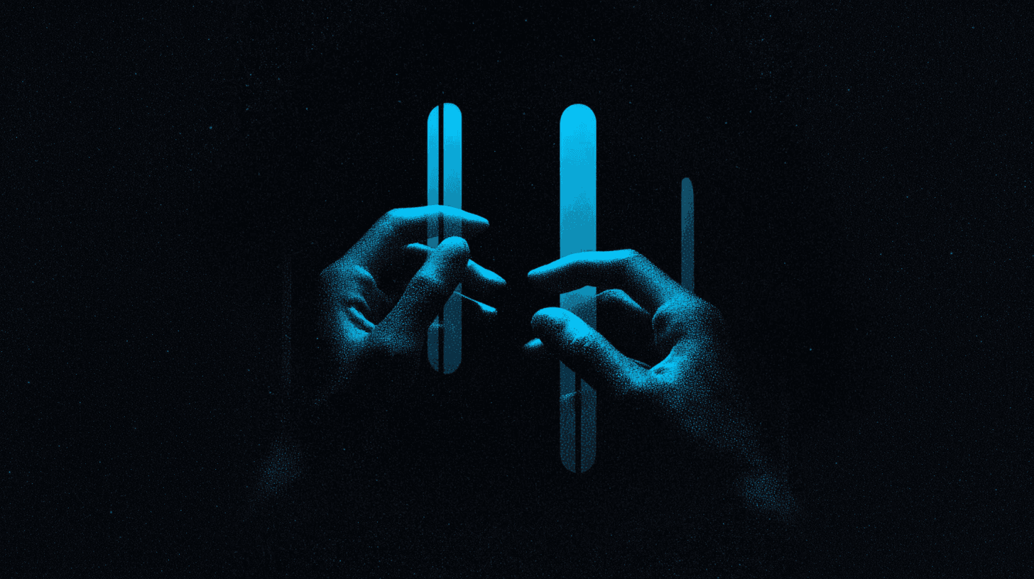 Deux mains qui manipulent des barres lumineuses turquoise suspendues, comme des curseurs de réglage