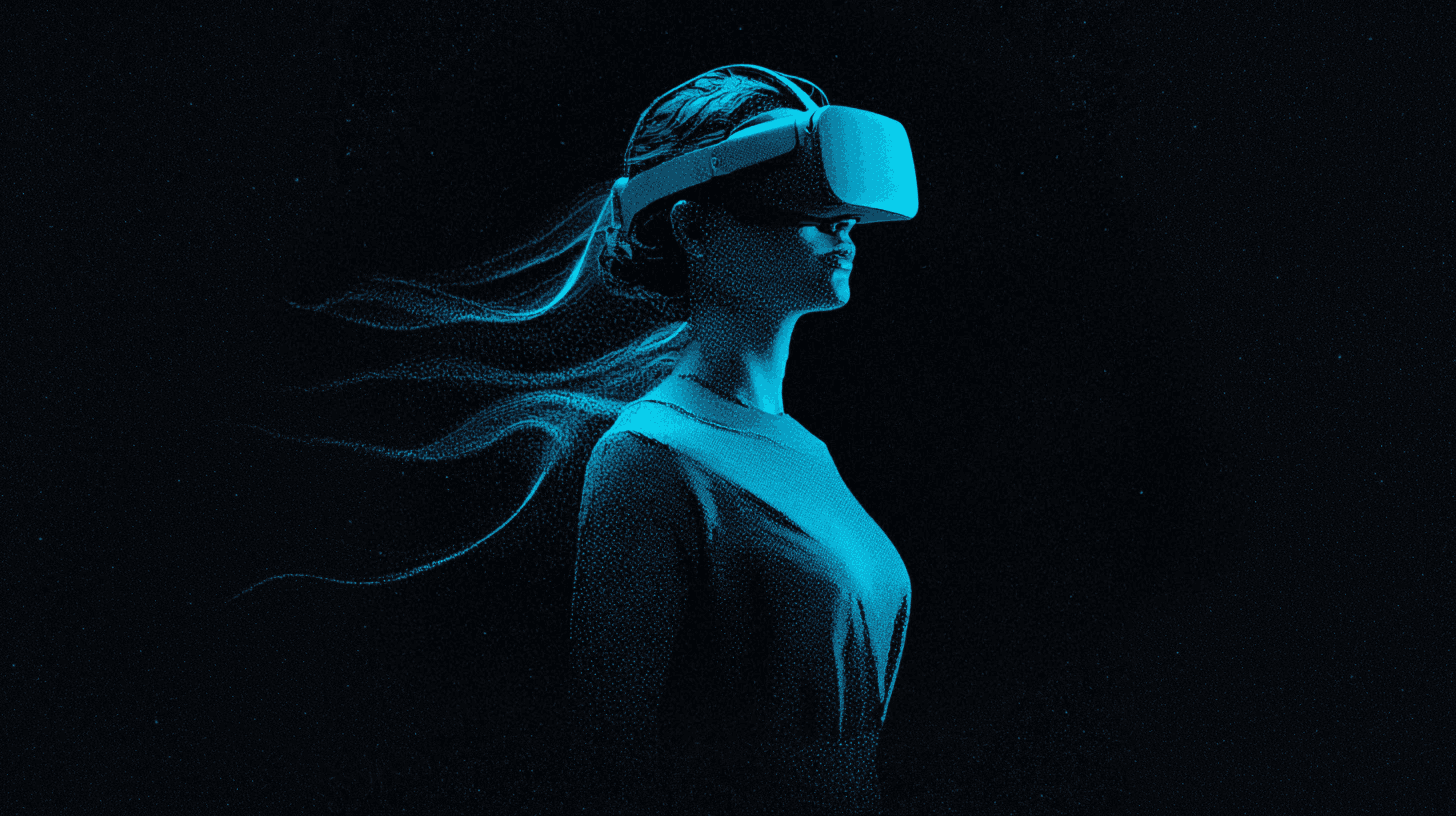 Silhouette de profil d’une femme portant un casque de réalité virtuelle, cheveux se dissolvant en particules lumineuses turquoise