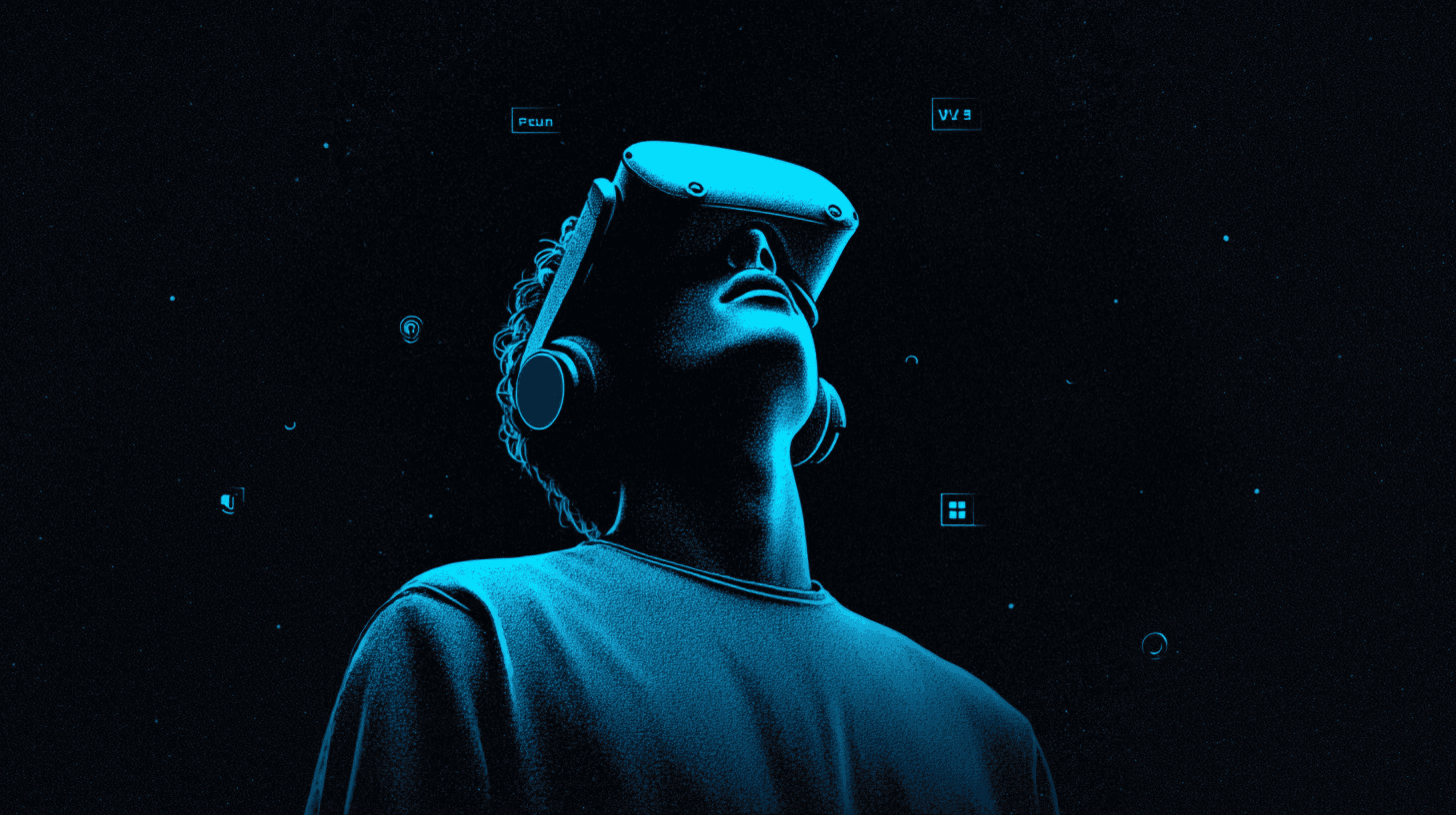 Portrait au visage tourné vers le haut d’une personne portant un casque de réalité virtuelle, entourée de petites icônes flottantes