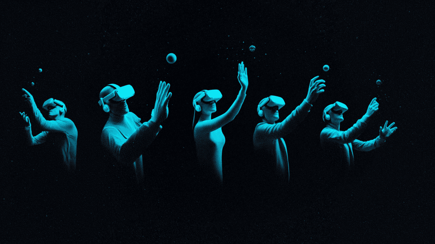 Cinq personnes portant un casque de réalité virtuelle, bras levés vers des sphères lumineuses flottantes