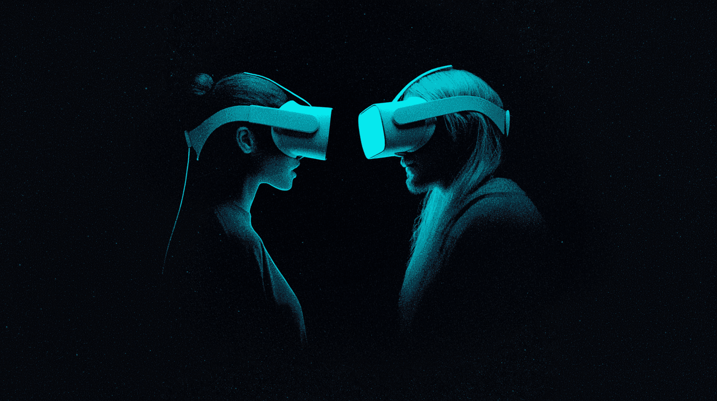 Deux personnes portant un casque de réalité virtuelle, face à face, en silhouette turquoise sur fond noir