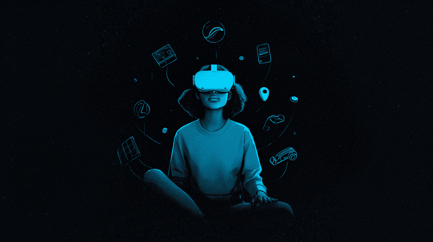 Personne assise en tailleur portant un casque de réalité virtuelle, entourée d’icônes flottantes d’applications et d’appareils