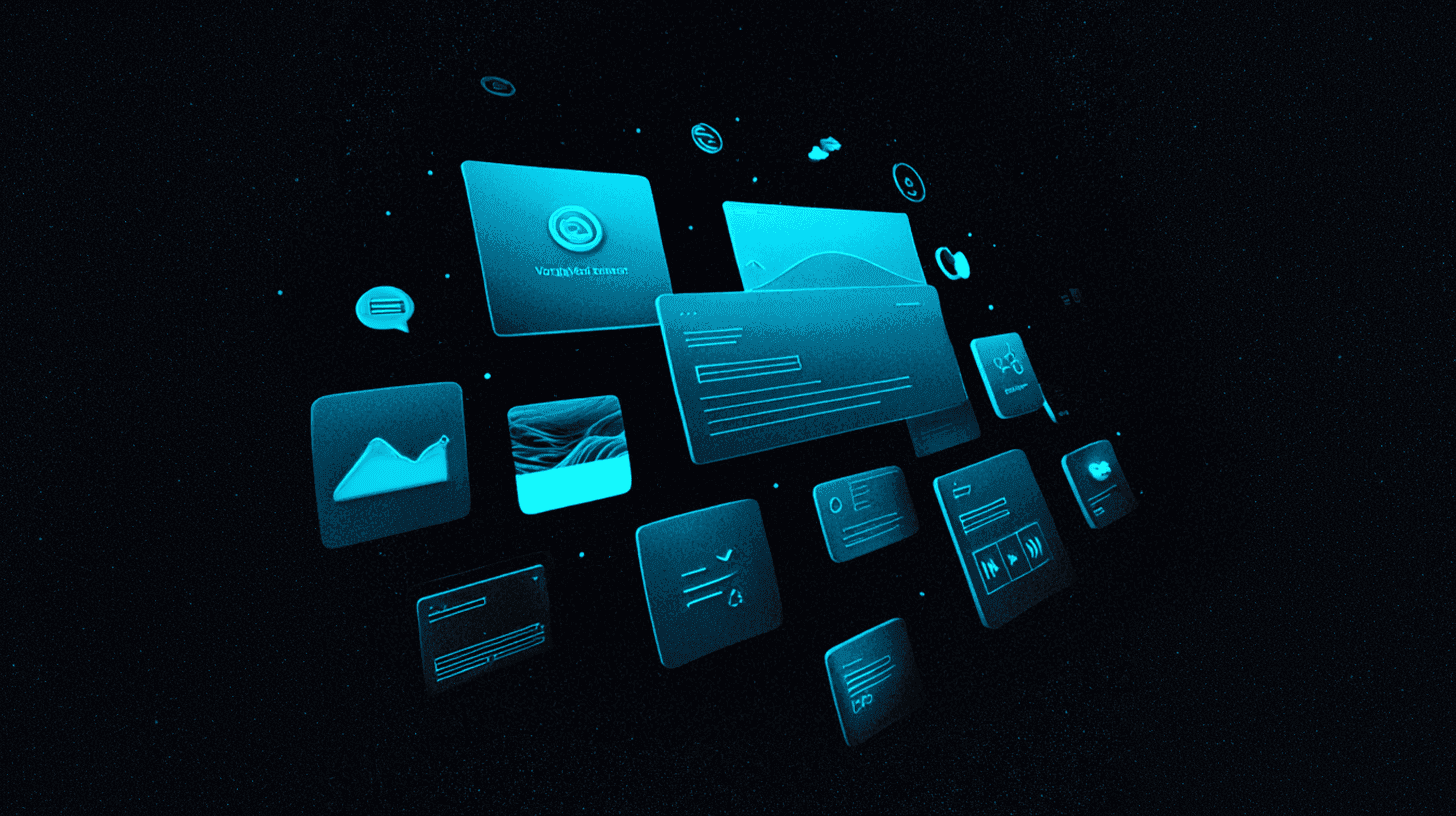 Une grille de vignettes d’interface flottantes — graphiques, messages, formulaires — en tons turquoise sur fond noir