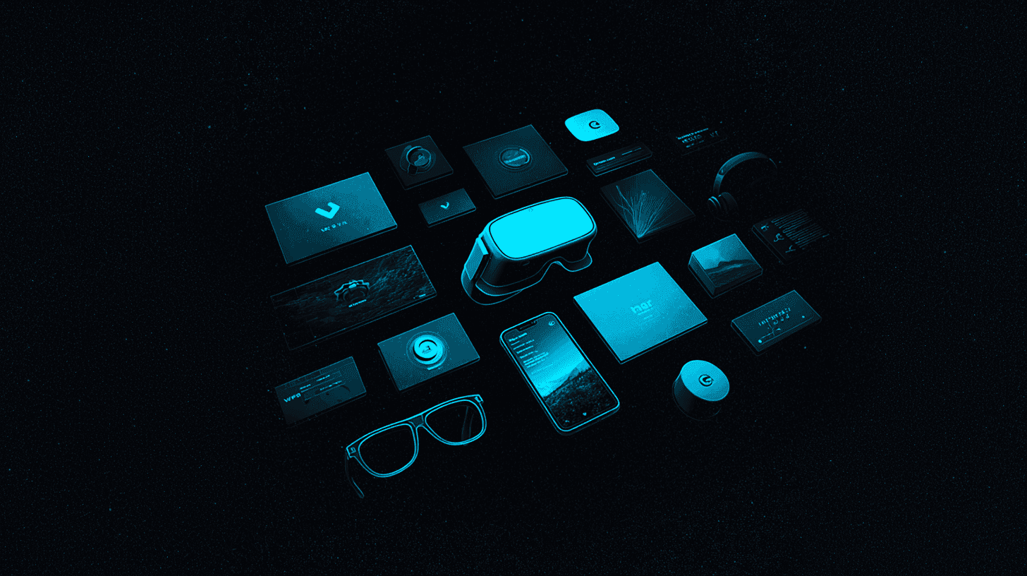 Une mosaïque d’icônes et de vignettes d’applications, avec un casque de réalité virtuelle et des lunettes connectées au centre