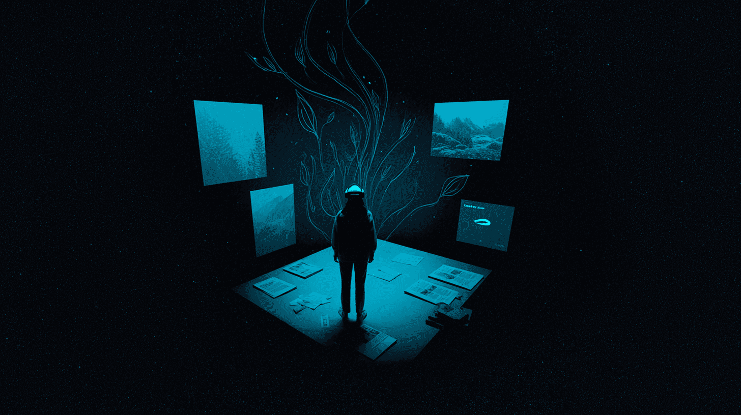 Silhouette vue de dos d’une personne casque de réalité virtuelle sur la tête, entourée d’écrans montrant des paysages naturels et d’une illustration de plante grimpante, des documents éparpillés au sol