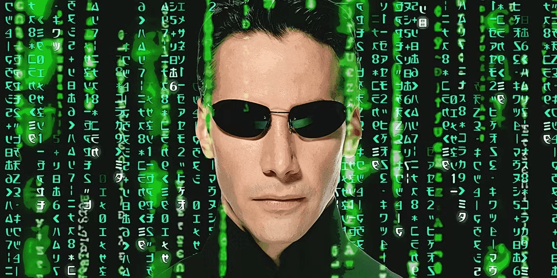 Portrait rapproché de Neo (Keanu Reeves) dans The Matrix, lunettes de soleil, visage traversé de code vert tombant en pluie