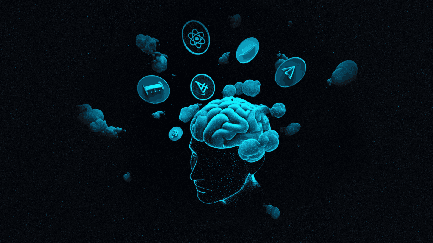 Illustration bleue d’un profil de tête dont le cerveau est entouré d’icônes flottantes — atome, avion en papier, lit, bulle de dialogue