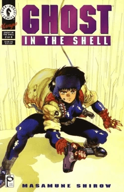 Couverture du manga Ghost in the Shell : un personnage accroupi, arme au poing, en tenue de combat