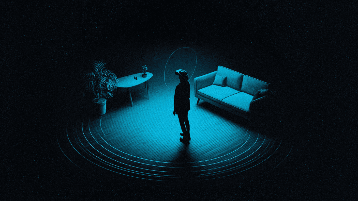 Silhouette portant un casque de réalité virtuelle dans un salon, entourée de cercles concentriques lumineux délimitant sa zone de jeu
