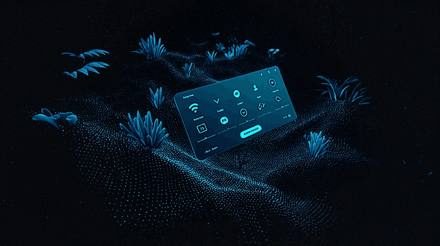 Un panneau d’interface flottant au-dessus d’un paysage de dunes en particules bleues