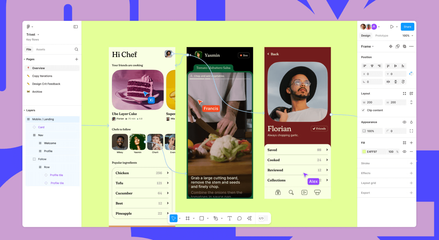 Capture d’écran de l’interface Figma, avec des maquettes d’application mobile reliées par des flèches de prototypage
