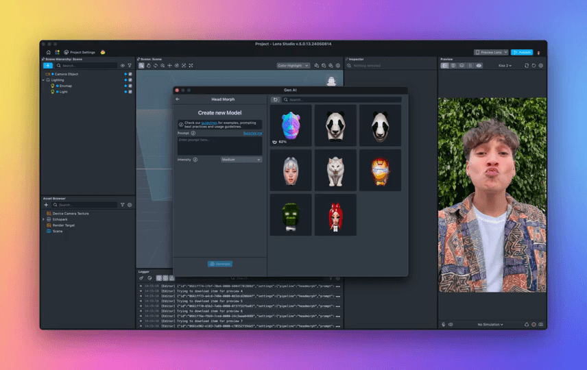 Capture d’écran de Lens Studio : un générateur de visages par IA proposant des avatars, avec l’aperçu caméra en direct d’une personne à droite
