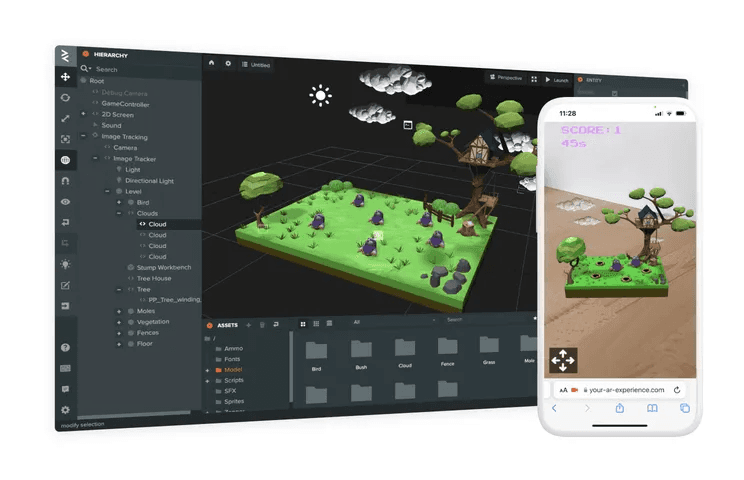 Capture d’écran de l’éditeur ZapWorks affichant une scène AR de forêt basse-poly, avec sa prévisualisation sur smartphone
