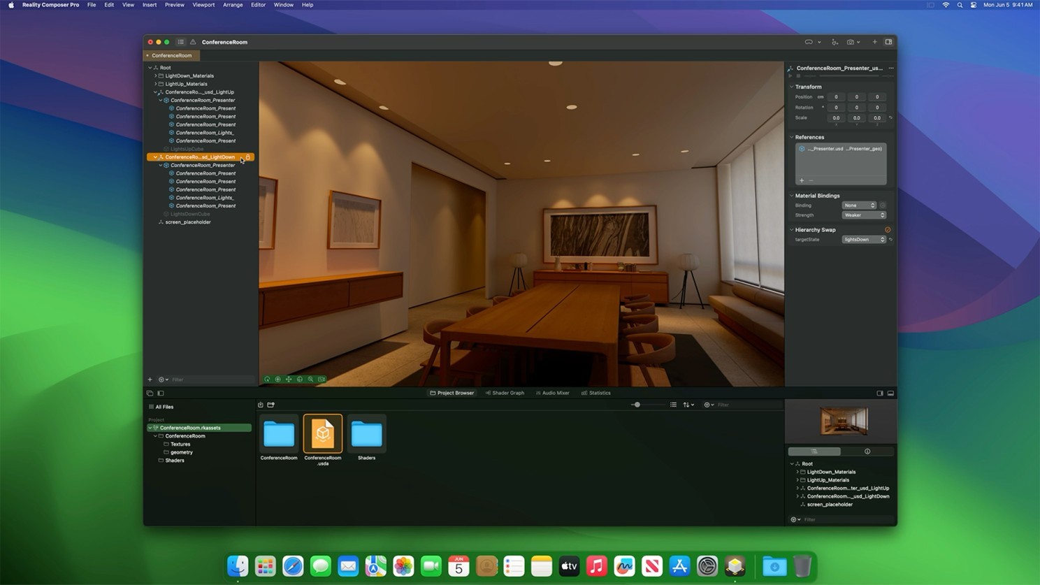 Capture d’écran de Reality Composer Pro affichant une salle de réunion 3D avec sa hiérarchie de scène et ses réglages de matériaux