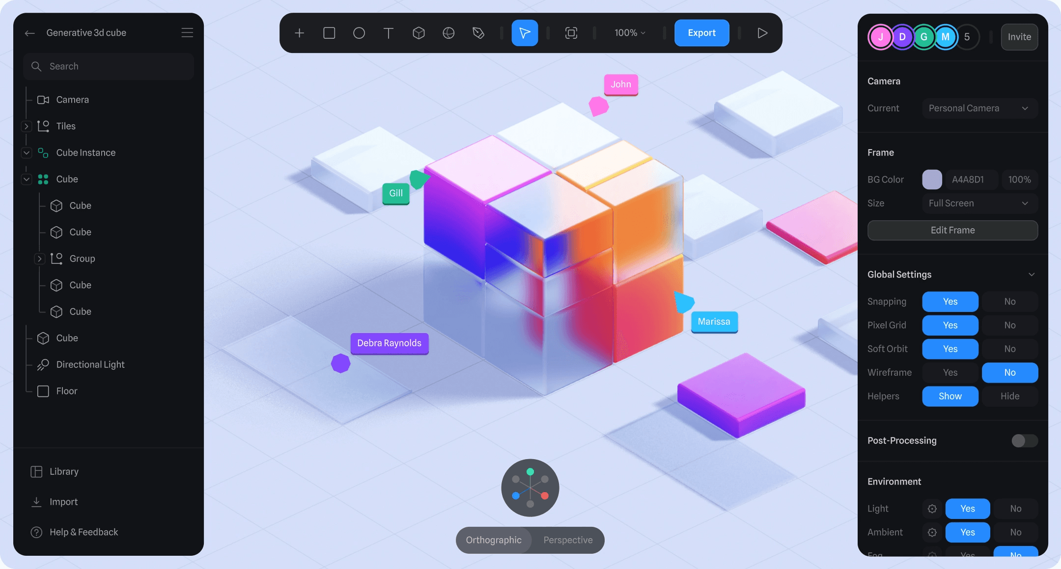 Capture d’écran de l’éditeur Spline avec un cube coloré composé de plusieurs blocs, et les curseurs nommés de plusieurs collaborateurs en train de l’éditer
