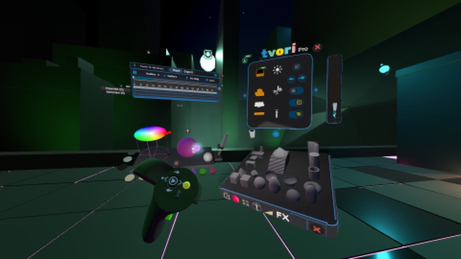 Vue depuis un casque de réalité virtuelle dans Tvori Pro : une manette au premier plan et une palette d’outils de sculpture flottant devant une scène colorée
