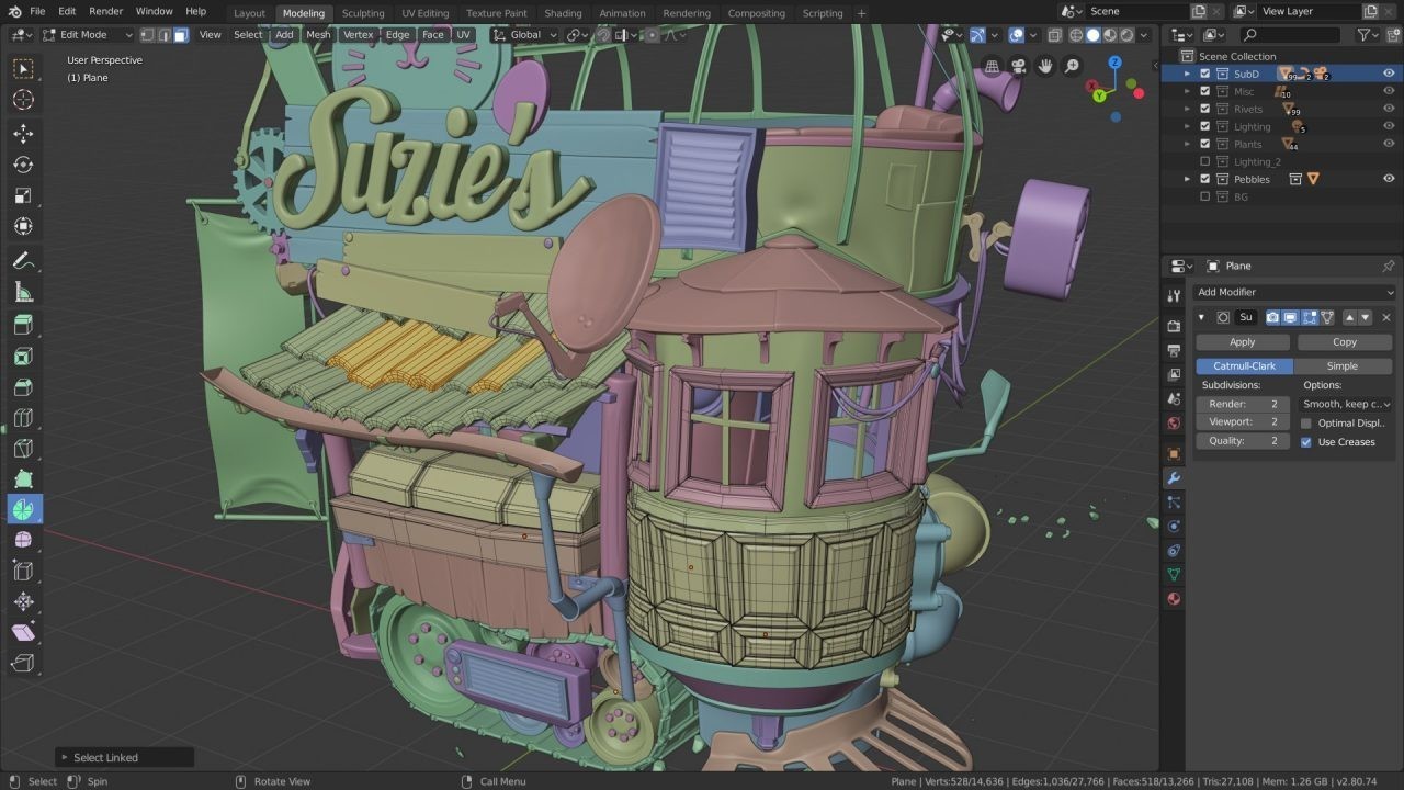 Capture d’écran de Blender en cours de modélisation d’un bâtiment steampunk nommé « Suzie’s », maillage filaire visible