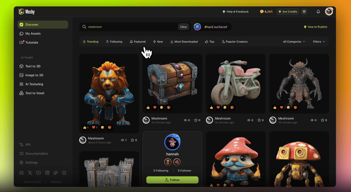 Capture d’écran de Meshy.ai : une galerie de modèles 3D générés par IA — lion, coffre, moto, créature, personnages champignons