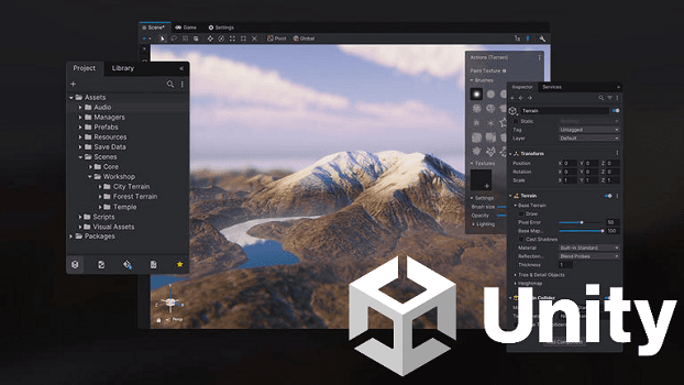 Le logo Unity devant des fenêtres de l’éditeur affichant un terrain montagneux et le panneau d’inspecteur