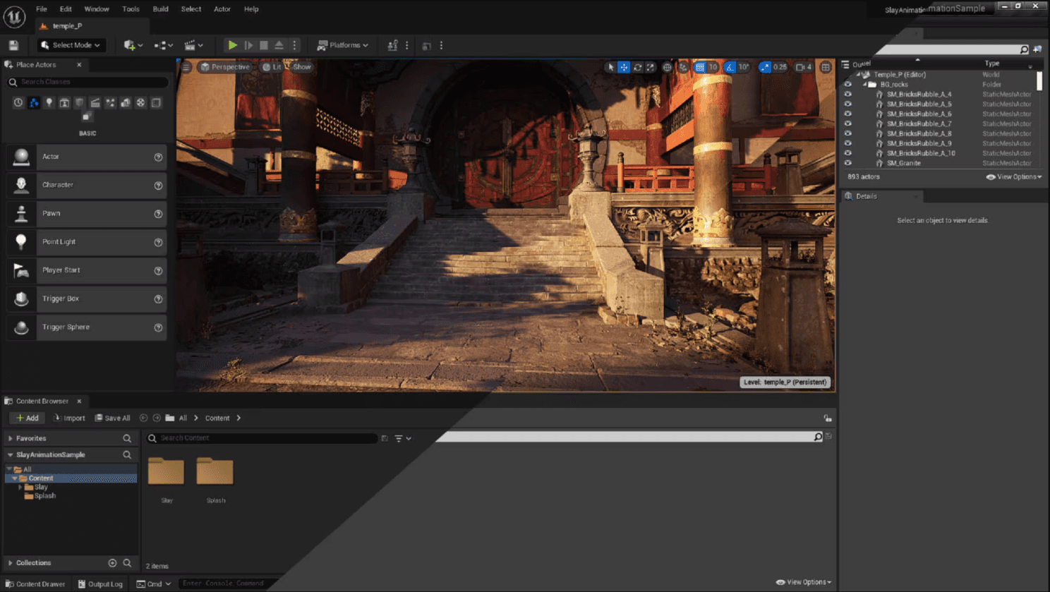 Capture d’écran de l’éditeur Unreal Engine affichant une scène de temple photoréaliste avec ses colonnes et son escalier de pierre
