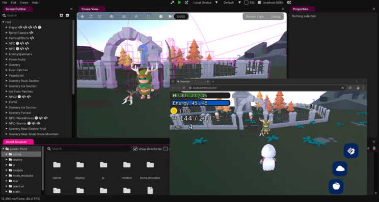 Capture d’écran de l’éditeur Wonderland Engine, avec une scène de jeu forestière et sa fenêtre de prévisualisation web à côté
