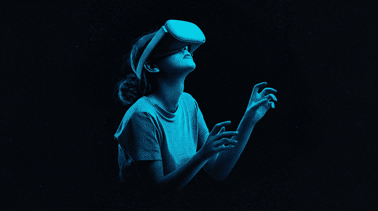 Portrait au visage tourné vers le haut d’une personne portant un casque de réalité virtuelle, mains tendues comme pour manipuler un objet invisible