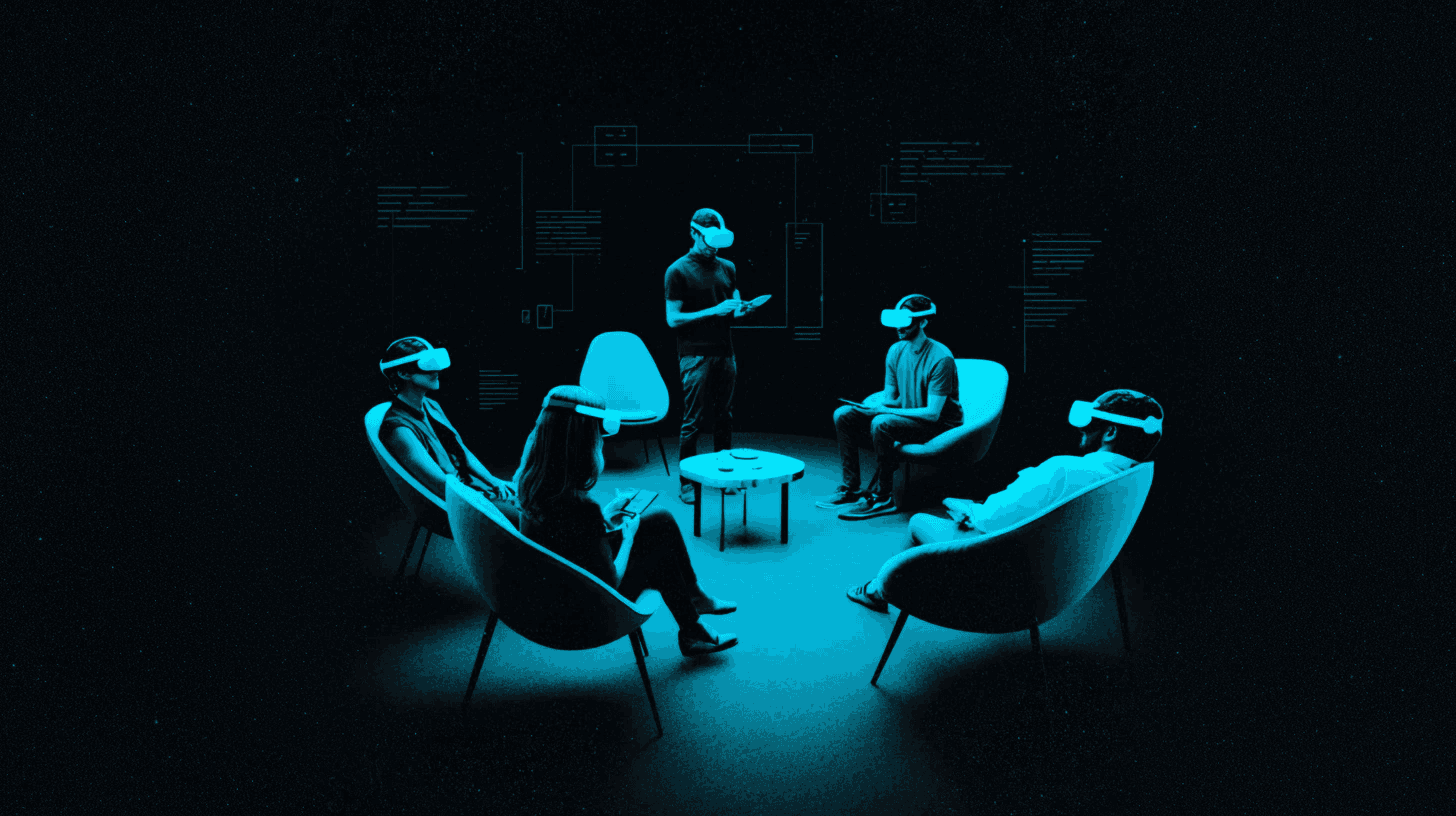 Un groupe de cinq personnes portant un casque de réalité virtuelle, assises en cercle autour d’une table basse, une personne debout au centre tenant une tablette, avec des schémas techniques en arrière-plan