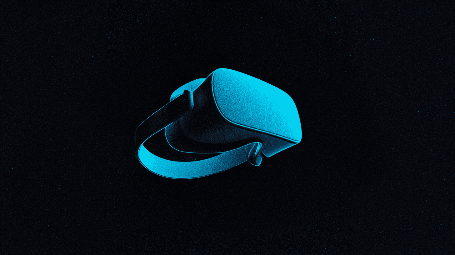 Un casque de réalité virtuelle bleu cyan, flottant sur fond noir étoilé, sous un angle légèrement différent