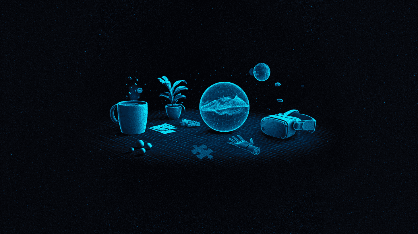Illustration bleue d’objets du quotidien — tasse, plante, pièces de puzzle — mêlés à des éléments virtuels comme un globe holographique et un casque de réalité virtuelle, posés sur une grille lumineuse